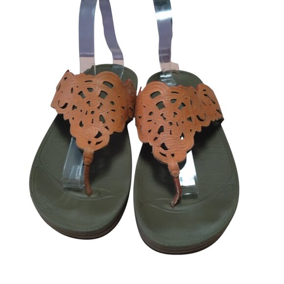 Fitflop Shoes - FitFlop Flora Women's Size 9 Orange Laser Cut Thong Wedge Comfort Slip On Sandal